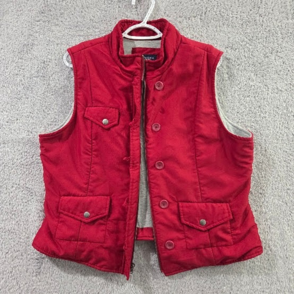 Sonoma Puffer Vest Women's XL Red Full Zip Button Front Cotton Lined Pocketed